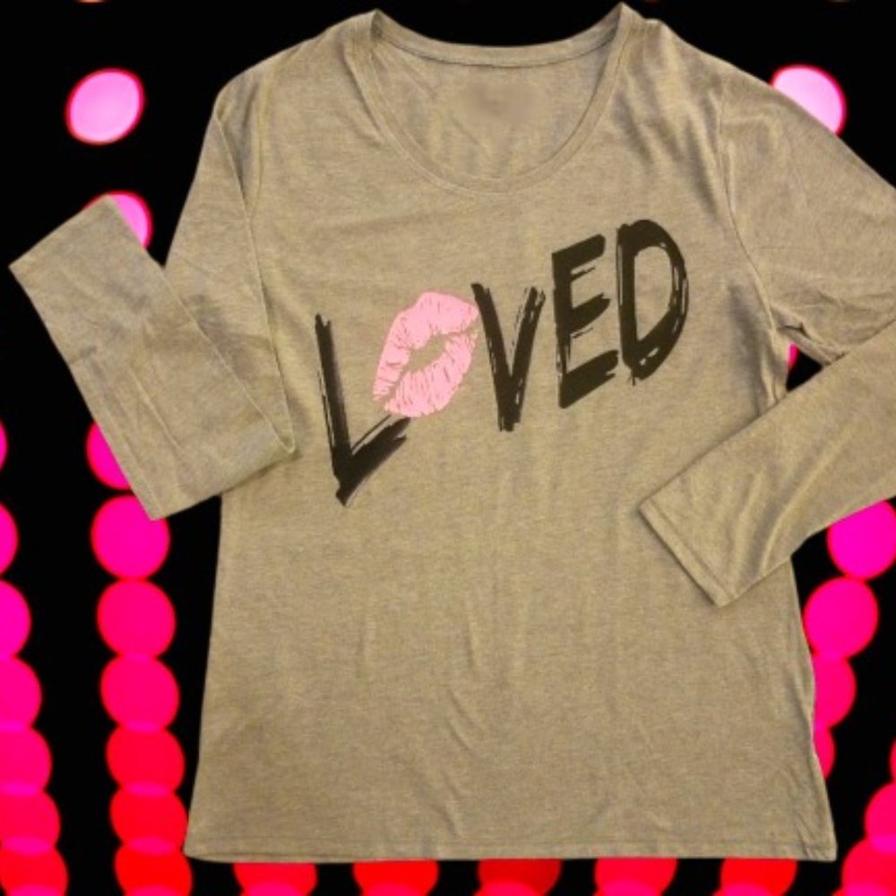 "LOVED" Lipstick Kiss Grey Long Sleeve Tee Shirt.